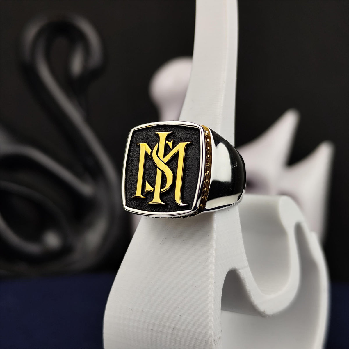 Square Black Face Monogram Signet Ring, Sterling Silver Two Initial Design
