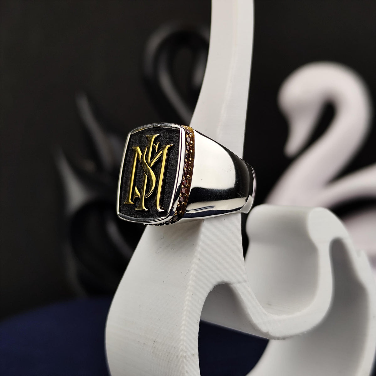 Square Black Face Monogram Signet Ring, Sterling Silver Two Initial Design
