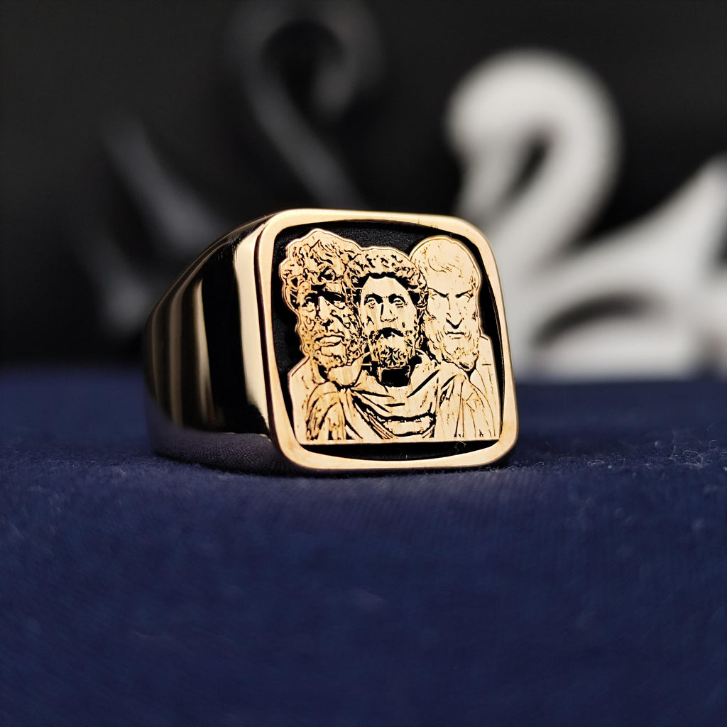 Stoic Philosophers Signet Ring, Marcus Aurelius Inspired, Sterling Silver or Solid Gold Gift