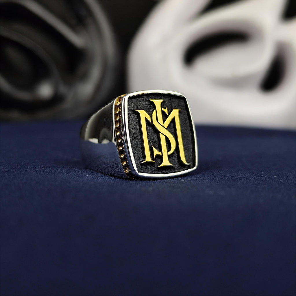 Square Black Face Monogram Signet Ring, Sterling Silver Two Initial Design