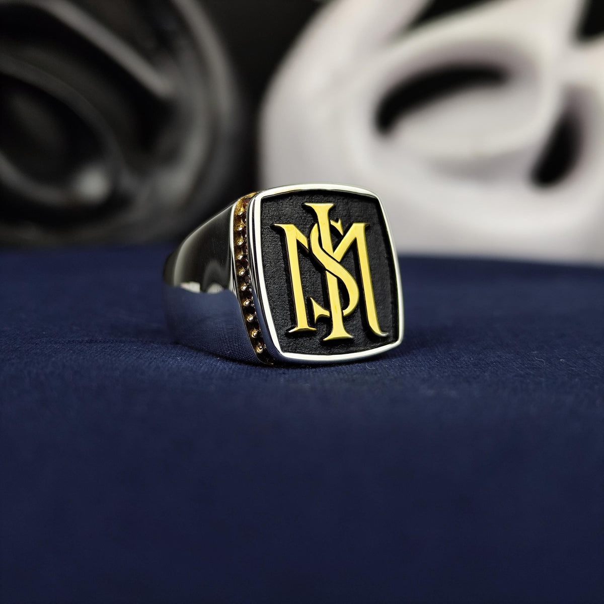 Square Black Face Monogram Signet Ring, Sterling Silver Two Initial Design