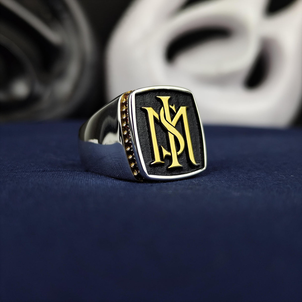 Square Black Face Monogram Signet Ring, Sterling Silver Two Initial Design