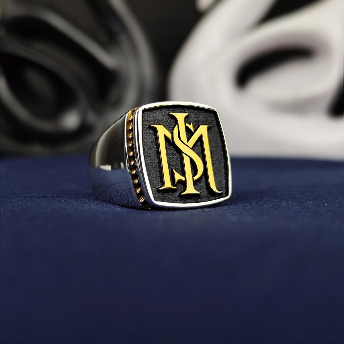 Square Black Face Monogram Signet Ring, Sterling Silver Two Initial Design