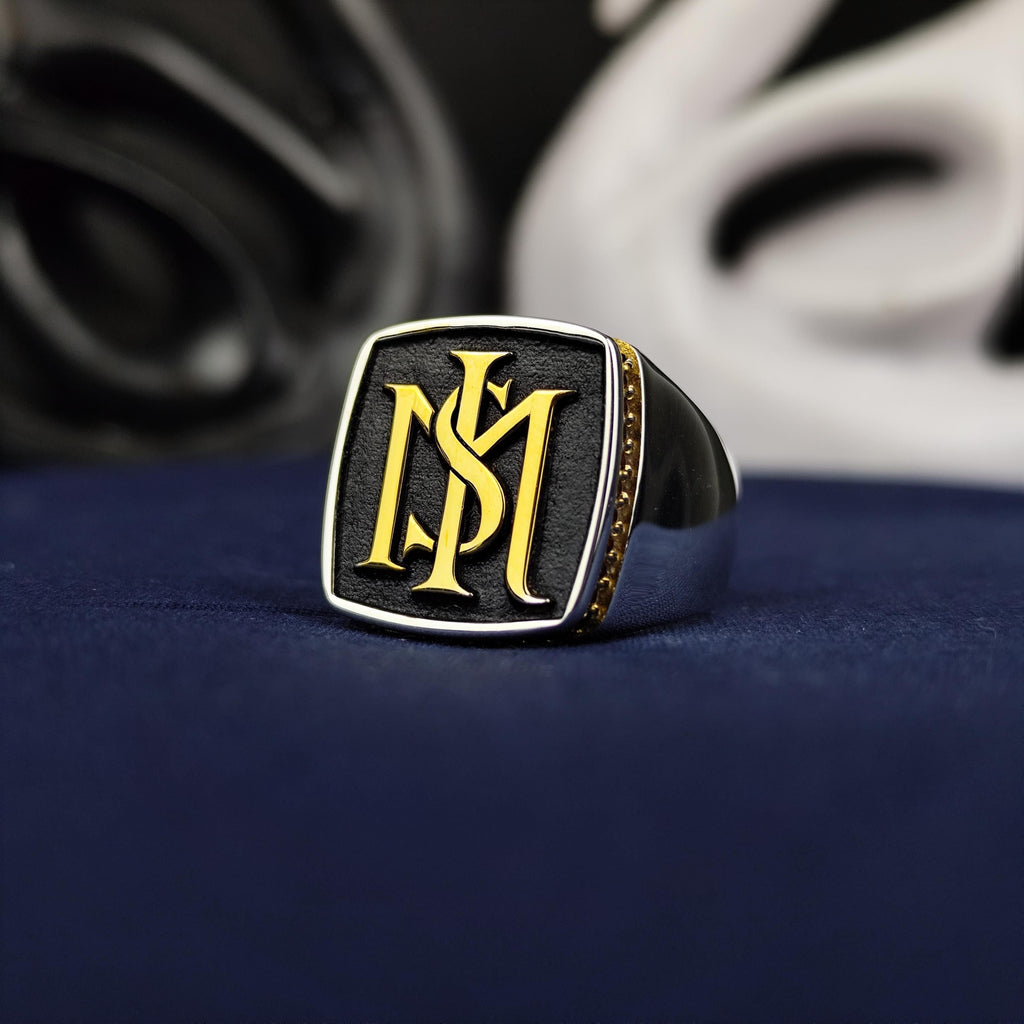 Square Black Face Monogram Signet Ring, Sterling Silver Two Initial Design