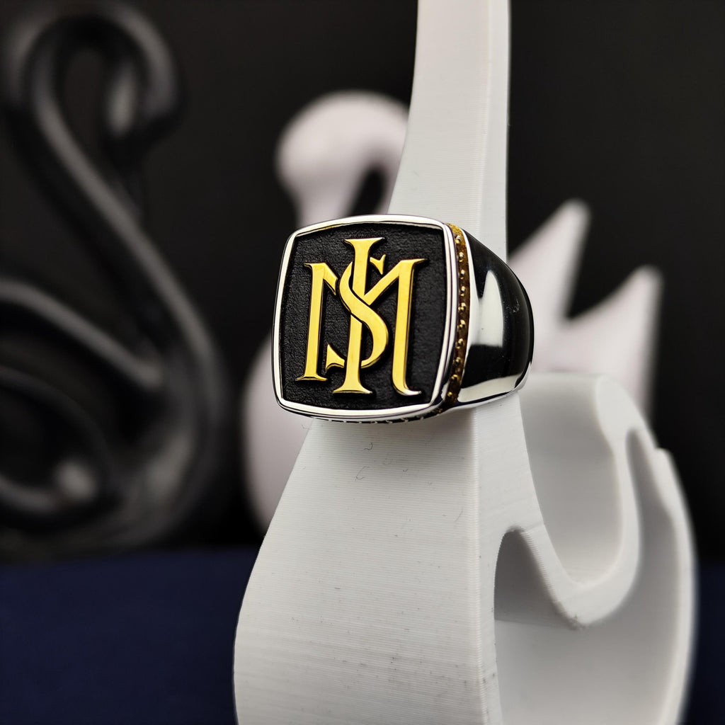 Square Black Face Monogram Signet Ring, Sterling Silver Two Initial Design