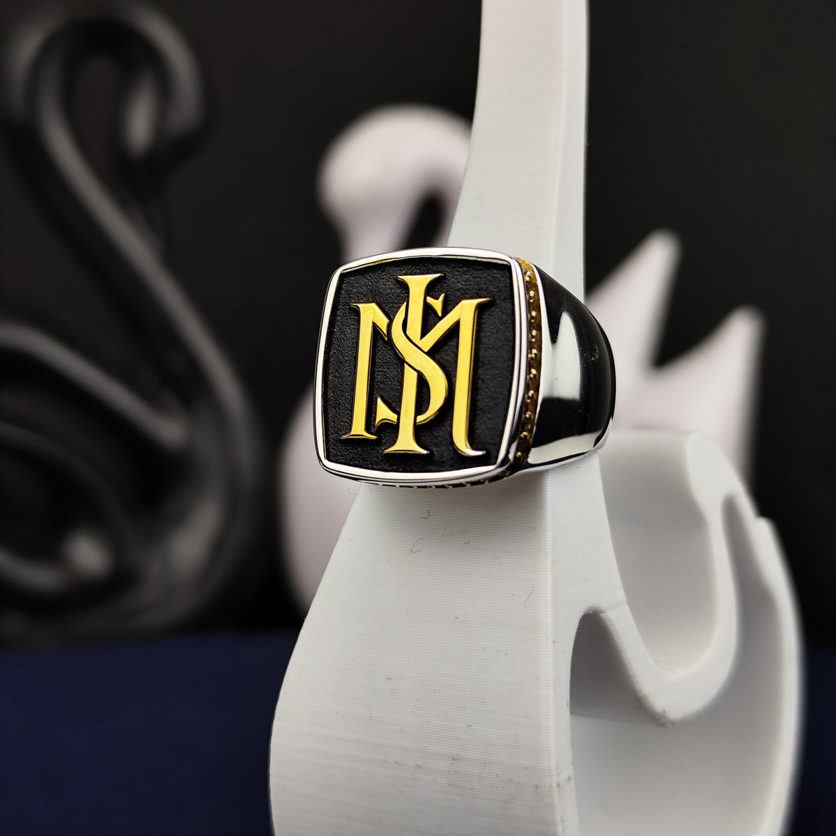 Square Black Face Monogram Signet Ring, Sterling Silver Two Initial Design