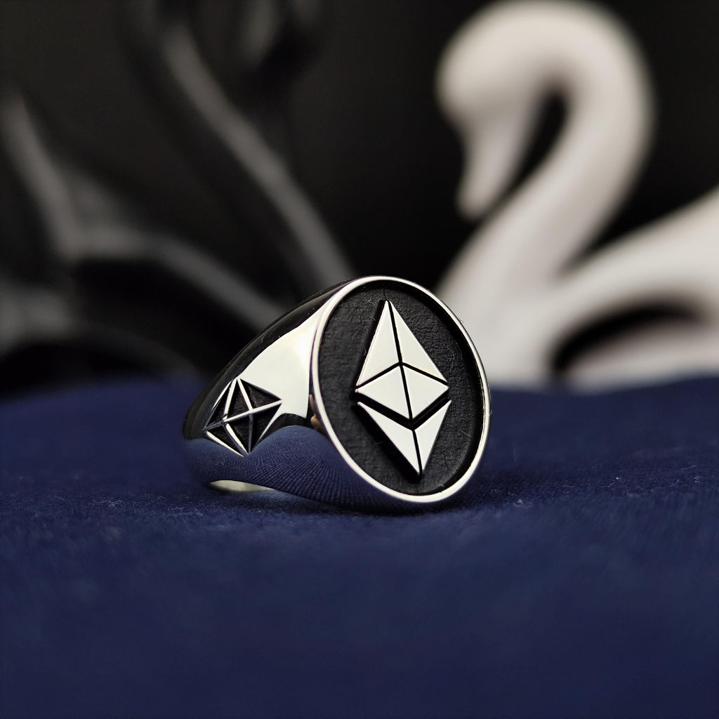 Ethereum Signet Ring for Men, Oxidized Sterling Silver Crypto Jewelry Gift