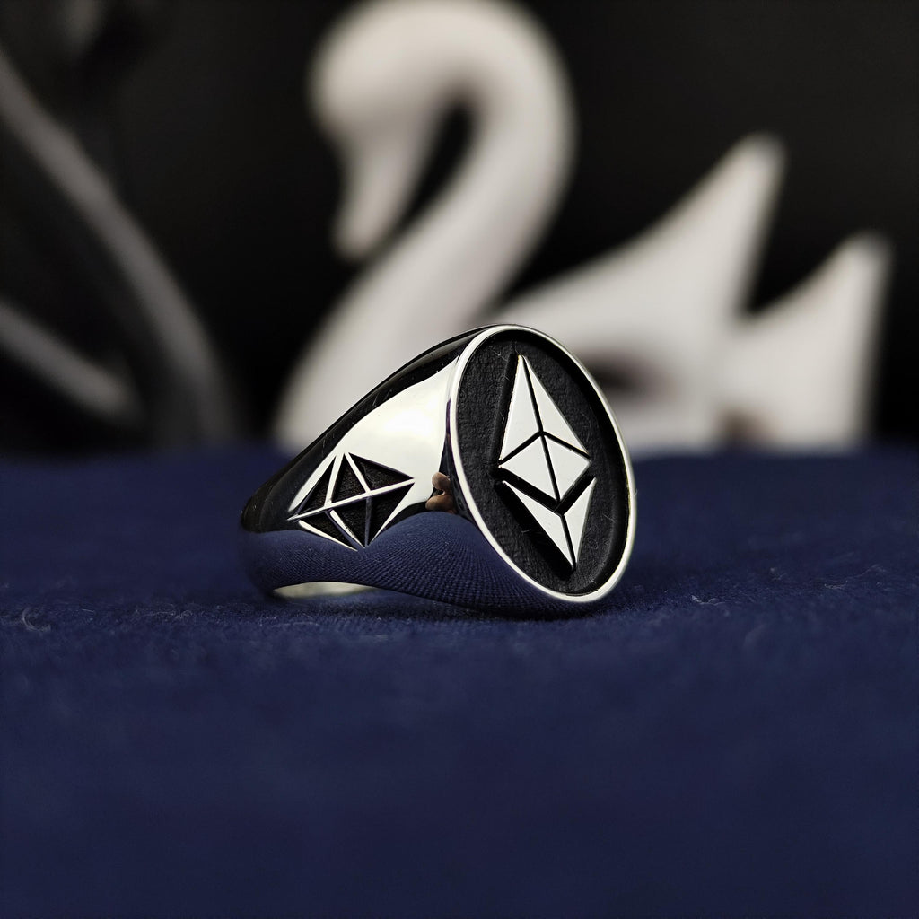 Ethereum Signet Ring for Men, Oxidized Sterling Silver Crypto Jewelry Gift