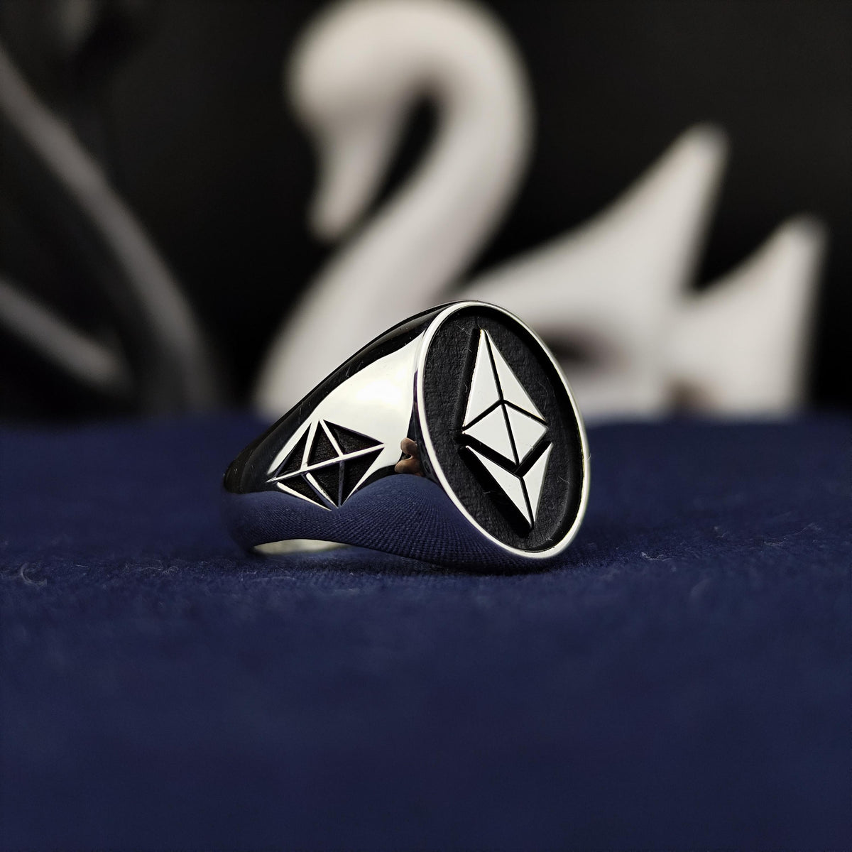 Ethereum Signet Ring for Men, Oxidized Sterling Silver Crypto Jewelry Gift
