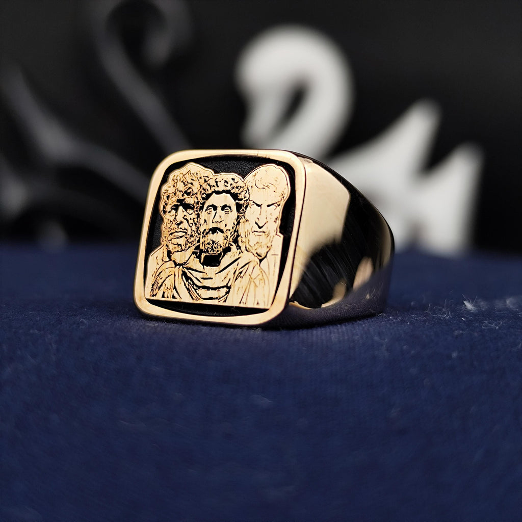 Stoic Philosophers Signet Ring, Marcus Aurelius Inspired, Sterling Silver or Solid Gold Gift