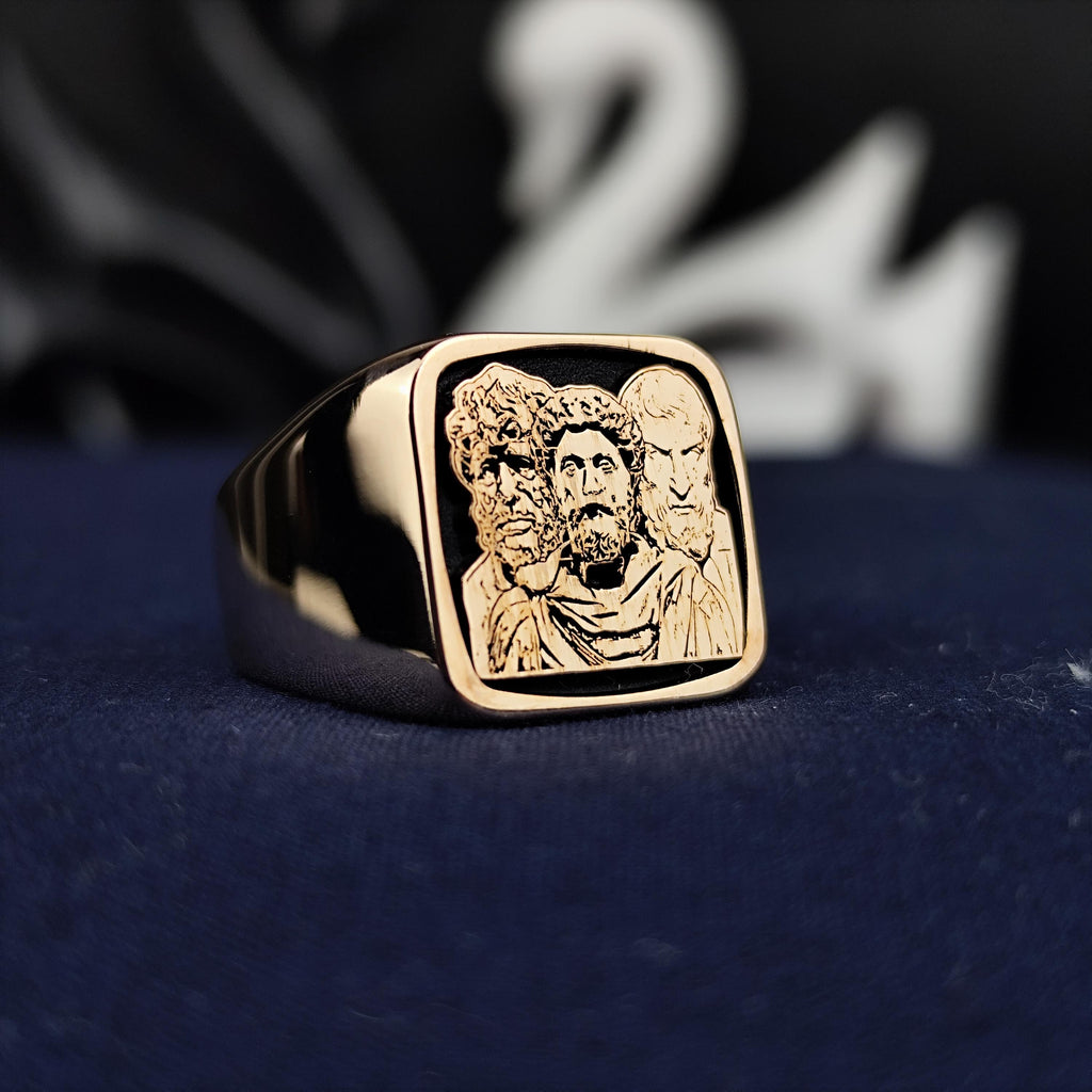 Stoic Philosophers Signet Ring, Marcus Aurelius Inspired, Sterling Silver or Solid Gold Gift