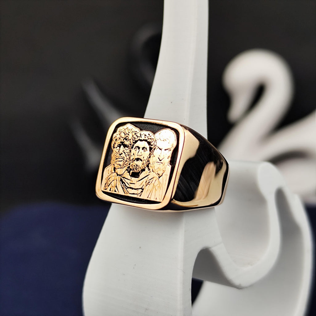 Stoic Philosophers Signet Ring, Marcus Aurelius Inspired, Sterling Silver or Solid Gold Gift
