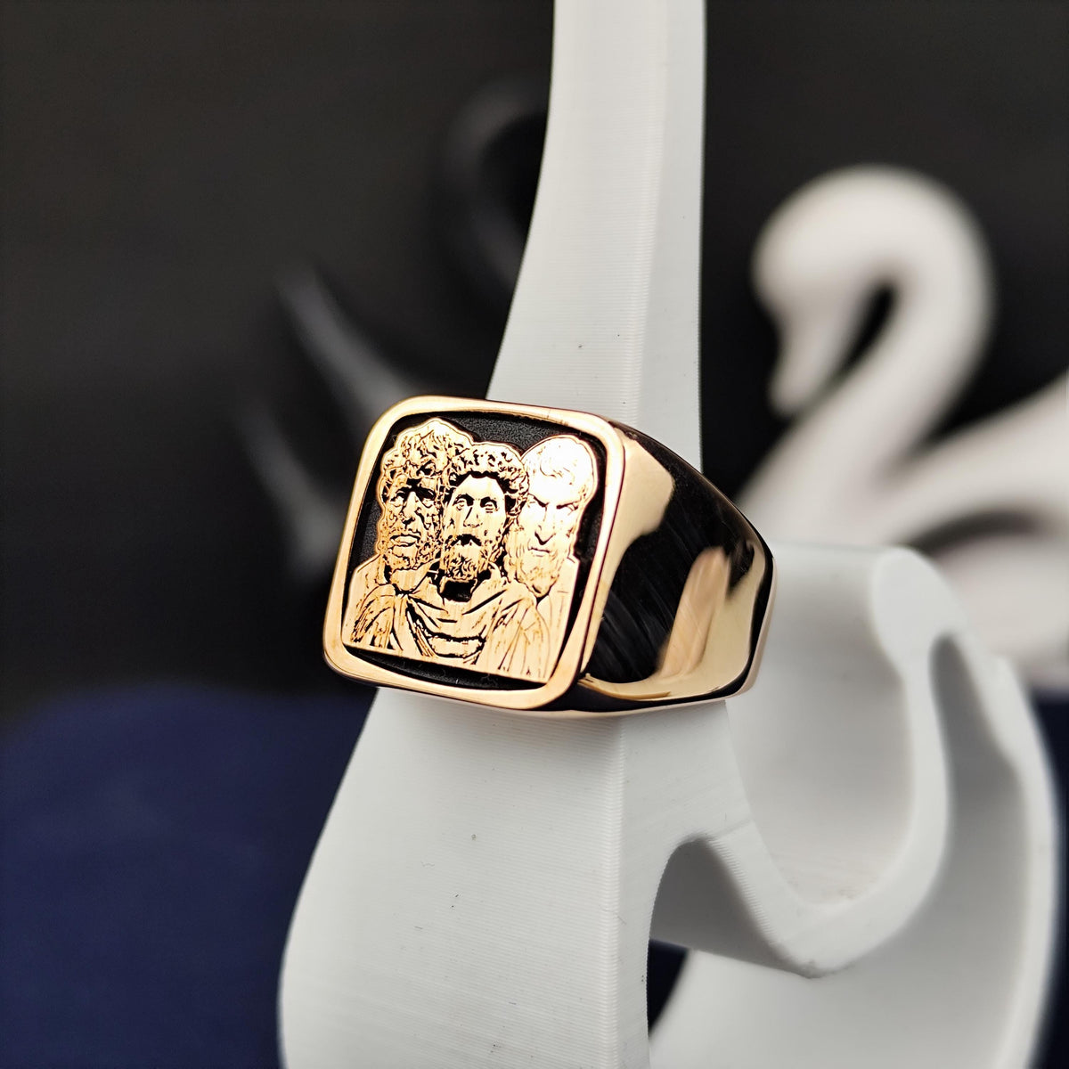 Stoic Philosophers Signet Ring, Marcus Aurelius Inspired, Sterling Silver or Solid Gold Gift
