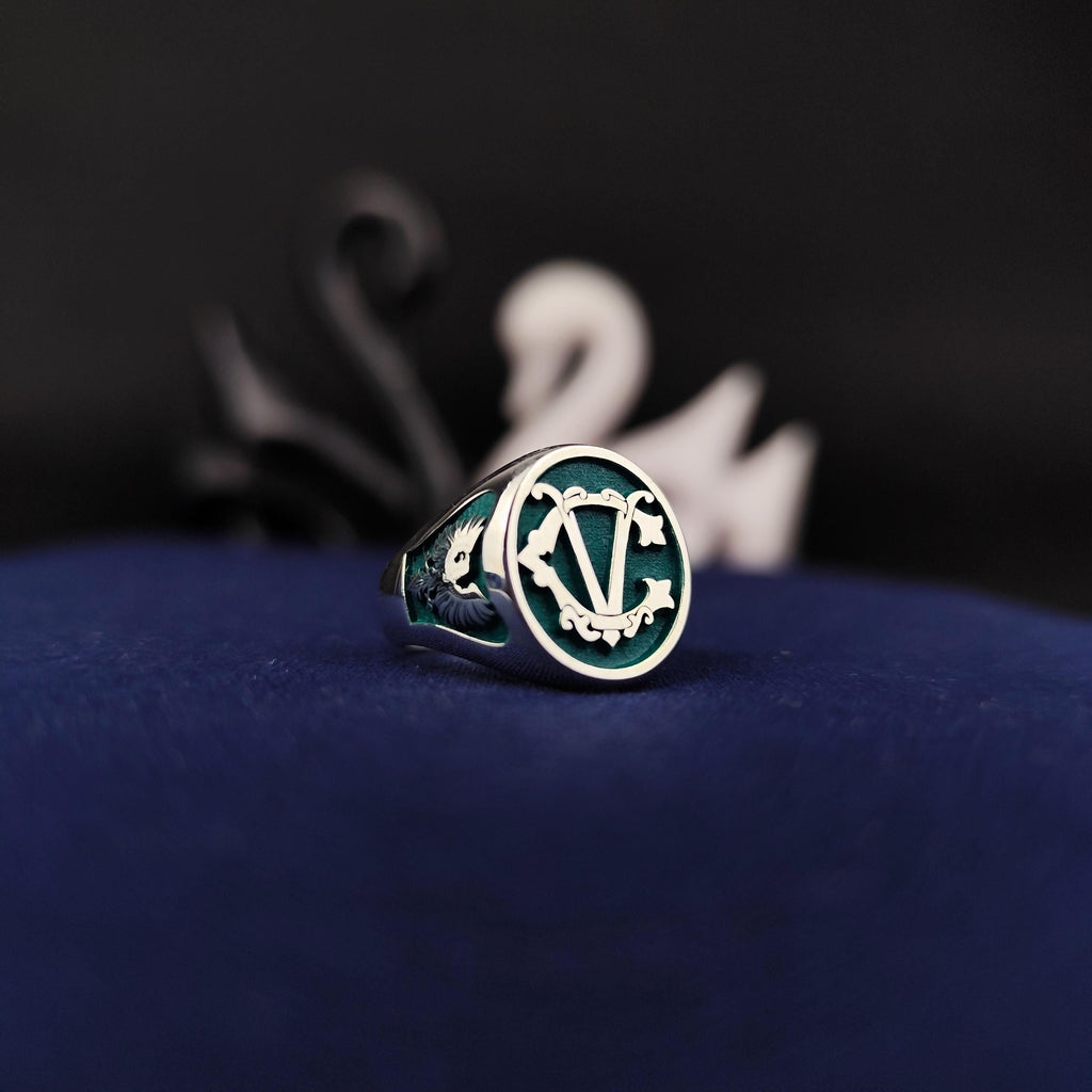 Initial Signet Ring Personalized Letter Ring Green Enamel Gold or Silver Gift
