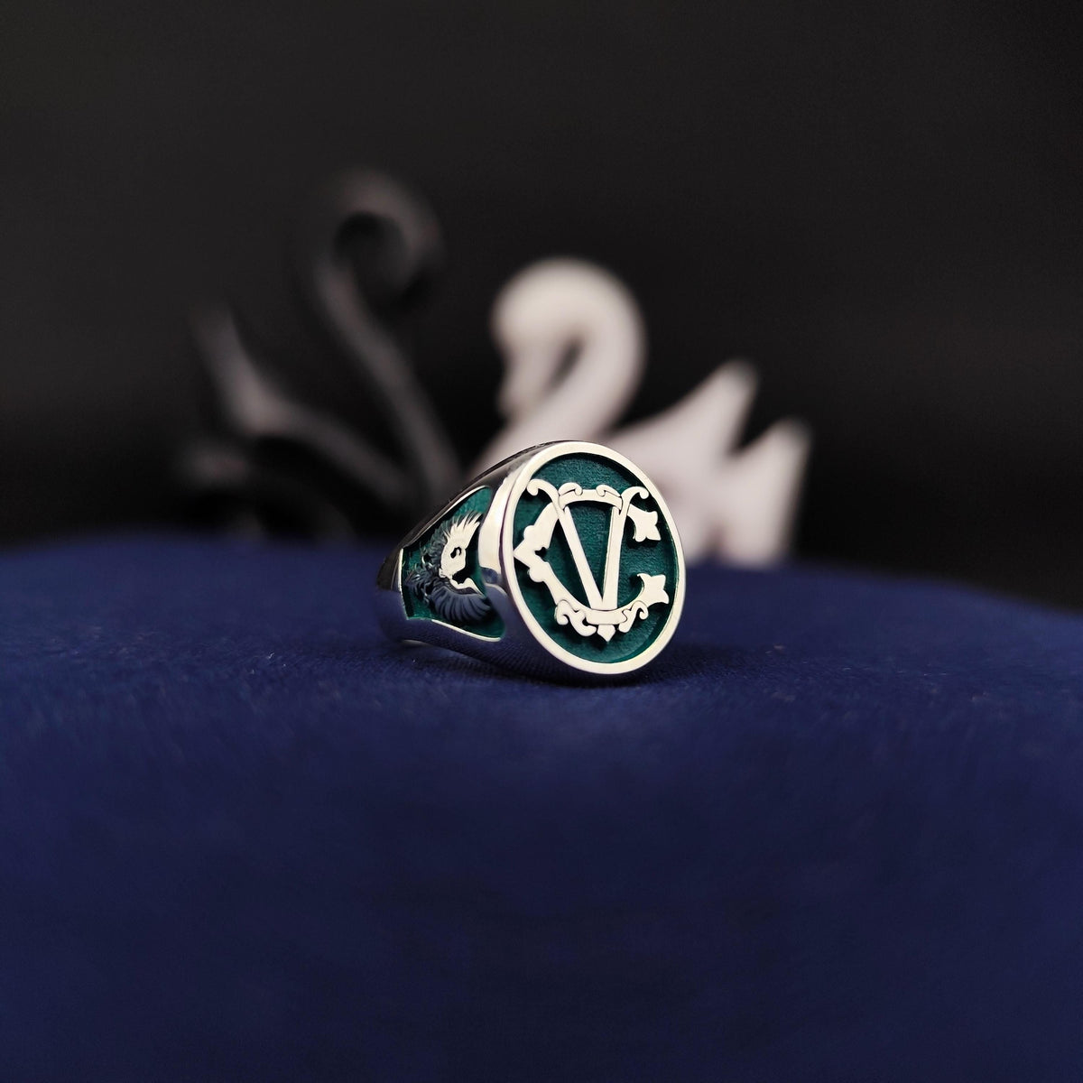 Initial Signet Ring Personalized Letter Ring Green Enamel Gold or Silver Gift