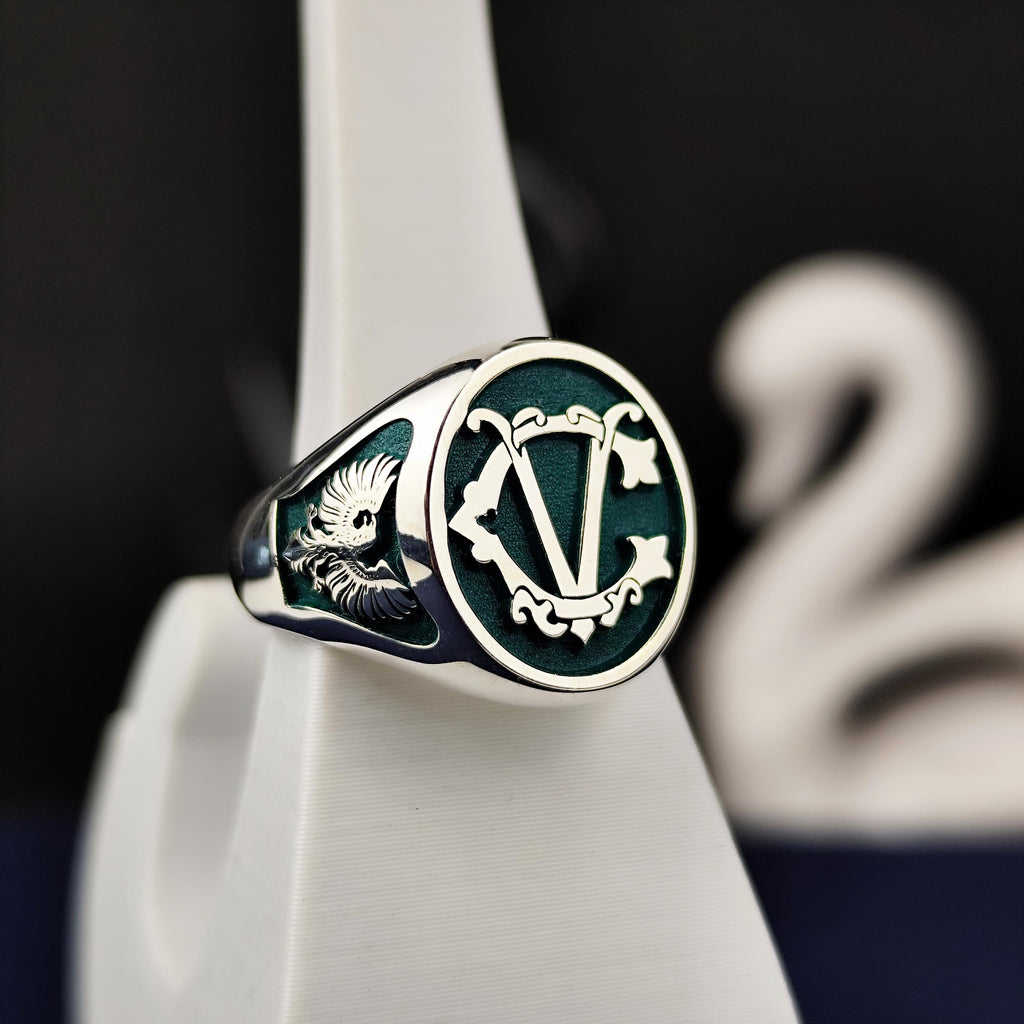 Initial Signet Ring Personalized Letter Ring Green Enamel Gold or Silver Gift