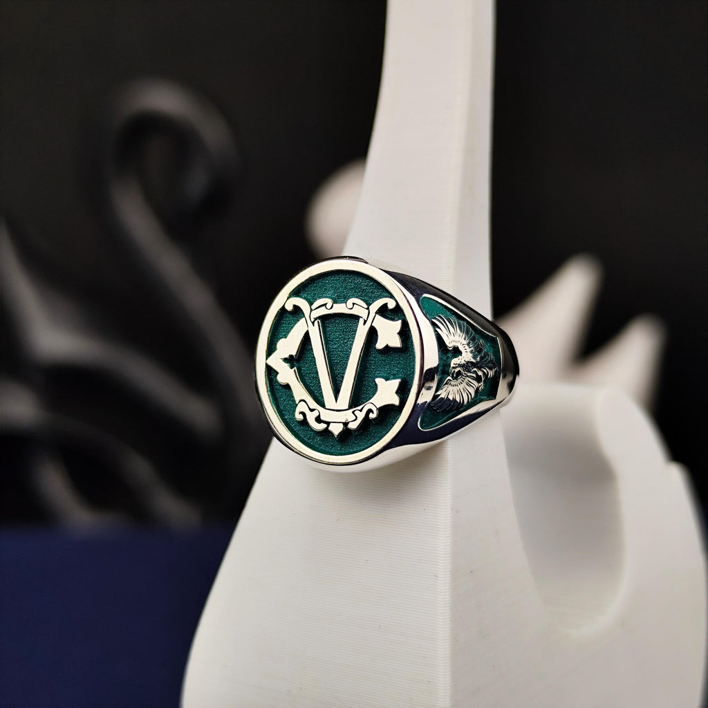 Initial Signet Ring Personalized Letter Ring Green Enamel Gold or Silver Gift