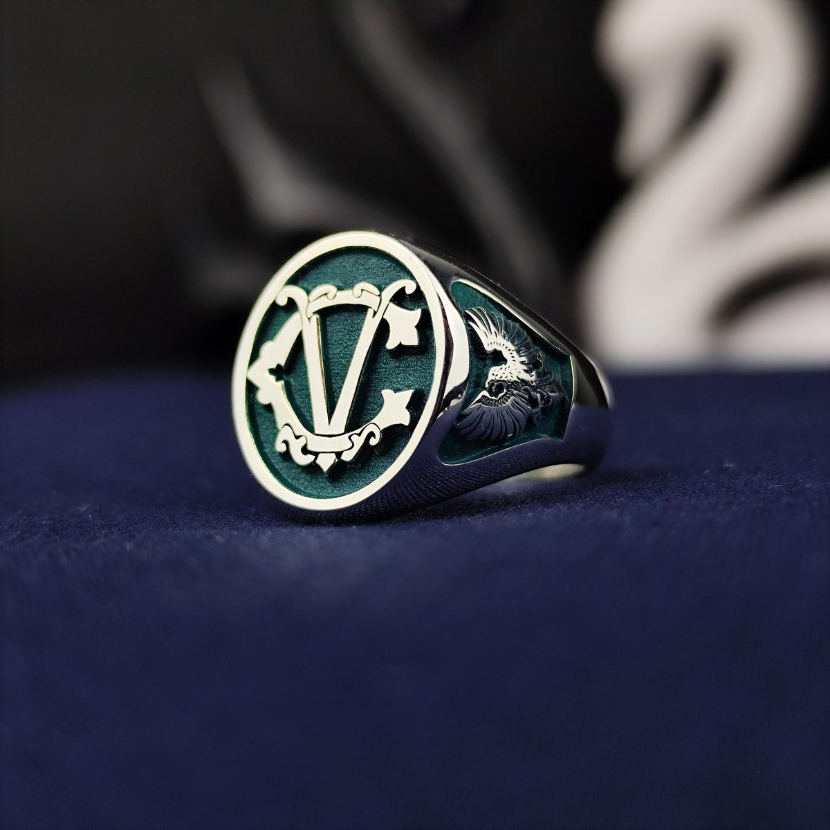 Initial Signet Ring Personalized Letter Ring Green Enamel Gold or Silver Gift