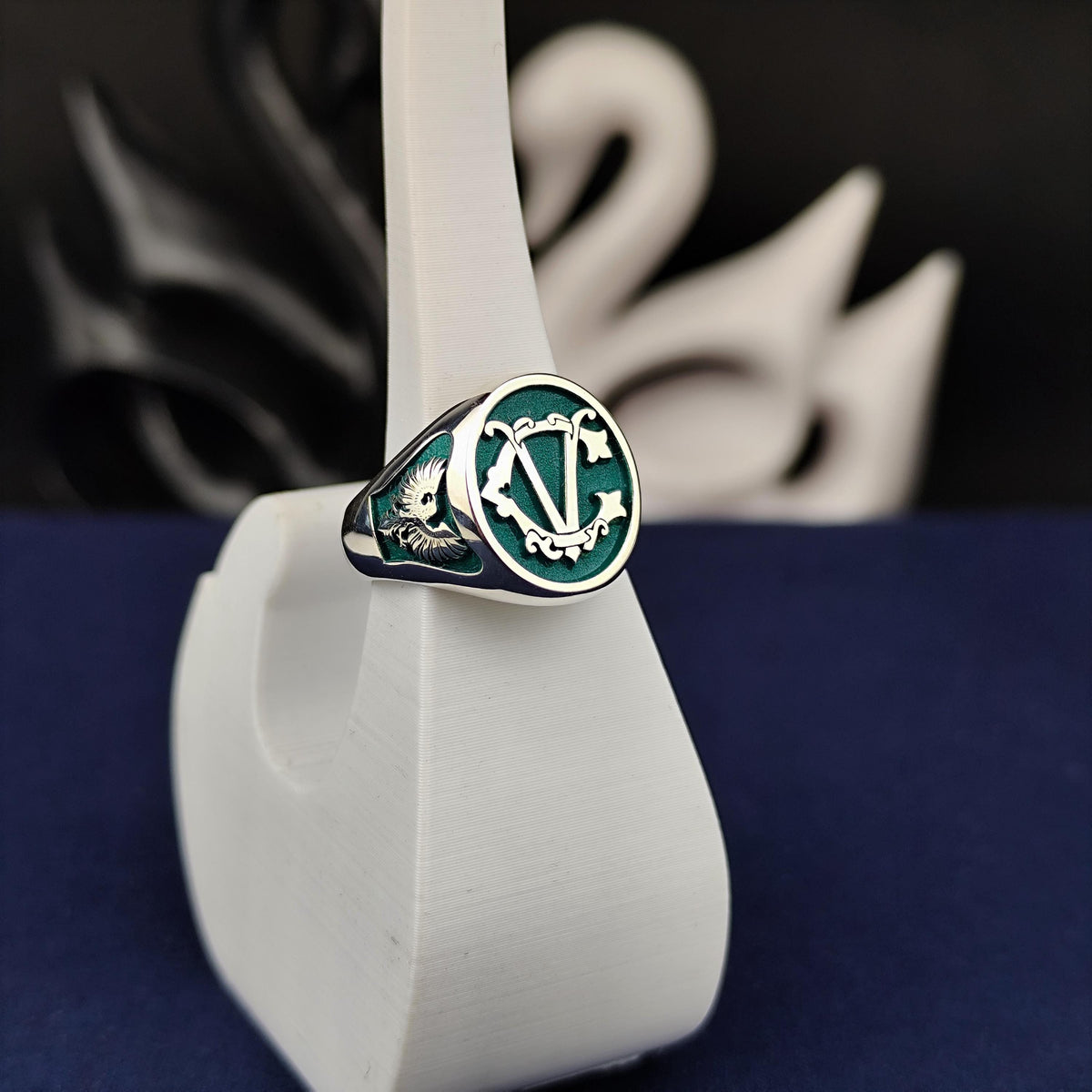 Initial Signet Ring Personalized Letter Ring Green Enamel Gold or Silver Gift