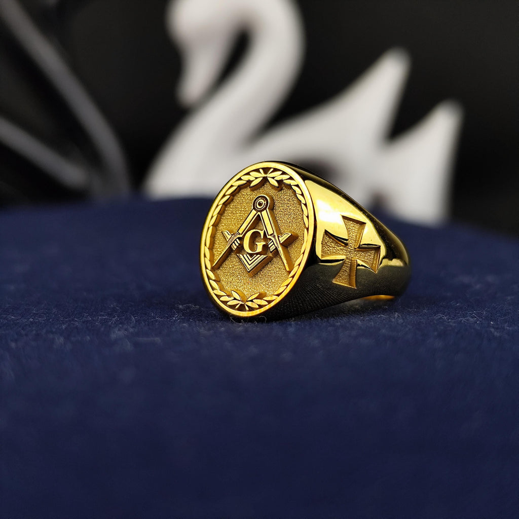 Gold Plated Masonic Ring – Classic Square & Compass Signet for Freemason Men – Symbolic Gold Jewelry