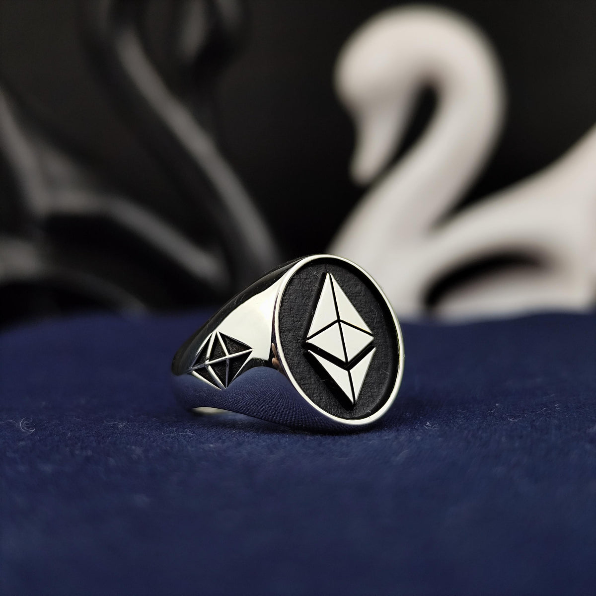 Ethereum Signet Ring for Men, Oxidized Sterling Silver Crypto Jewelry Gift
