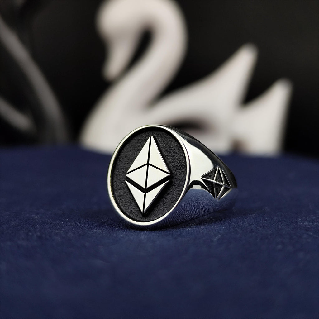 Ethereum Signet Ring for Men, Oxidized Sterling Silver Crypto Jewelry Gift
