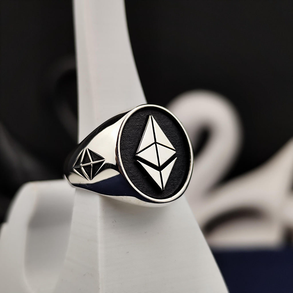 Ethereum Signet Ring for Men, Oxidized Sterling Silver Crypto Jewelry Gift