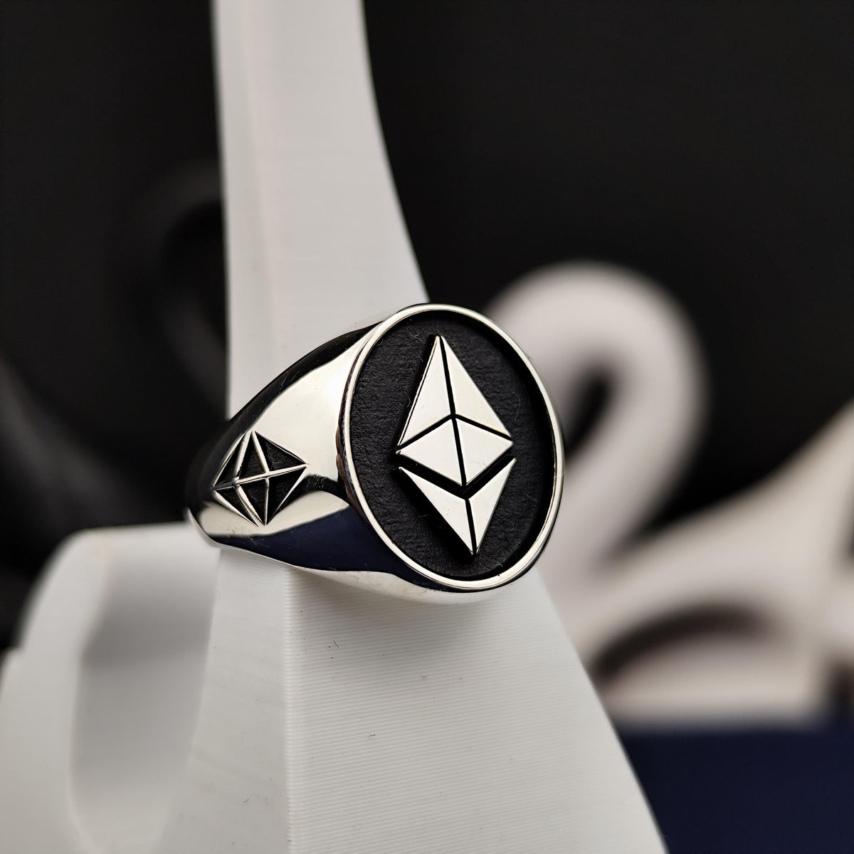 Ethereum Signet Ring for Men, Oxidized Sterling Silver Crypto Jewelry Gift