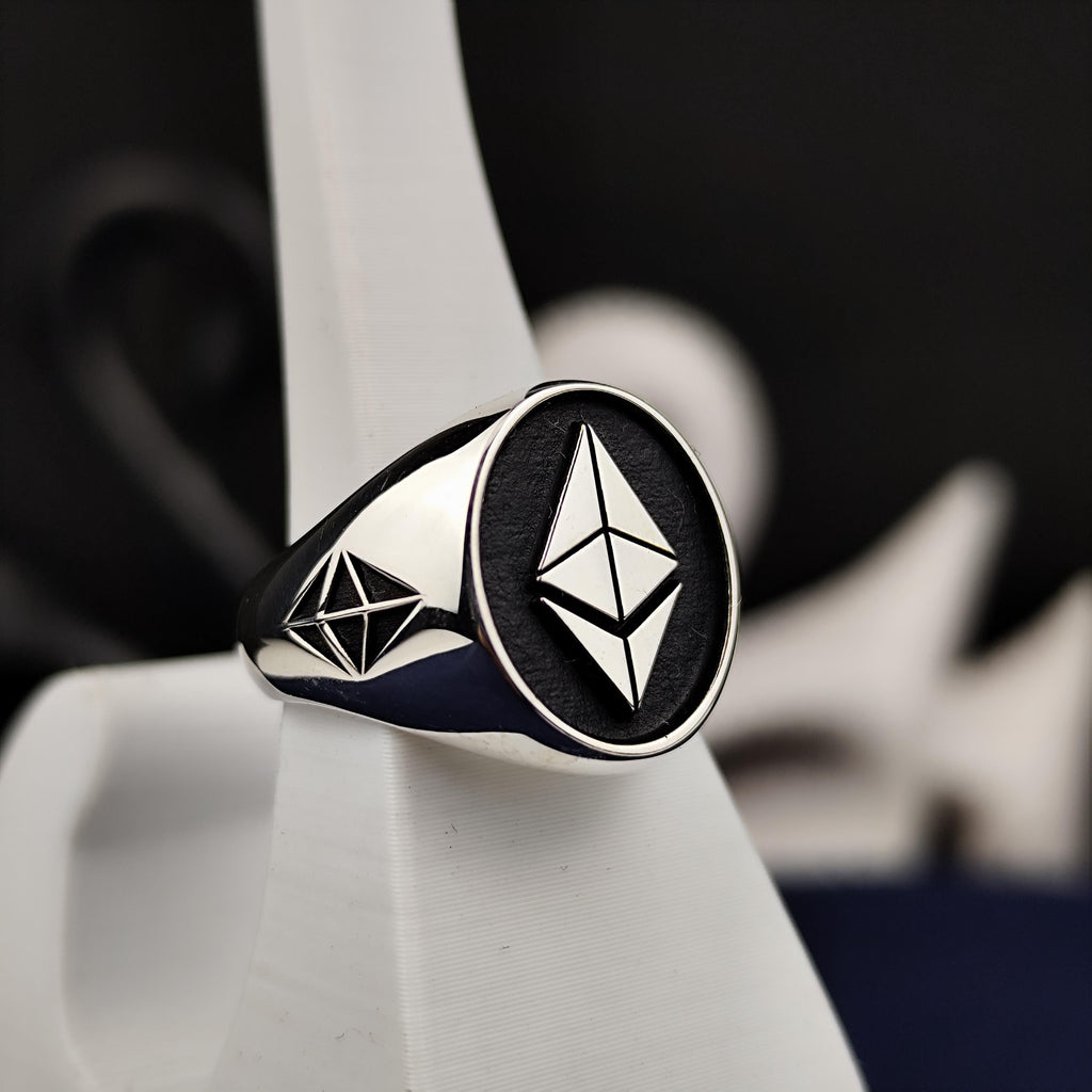 Ethereum Signet Ring for Men, Oxidized Sterling Silver Crypto Jewelry Gift