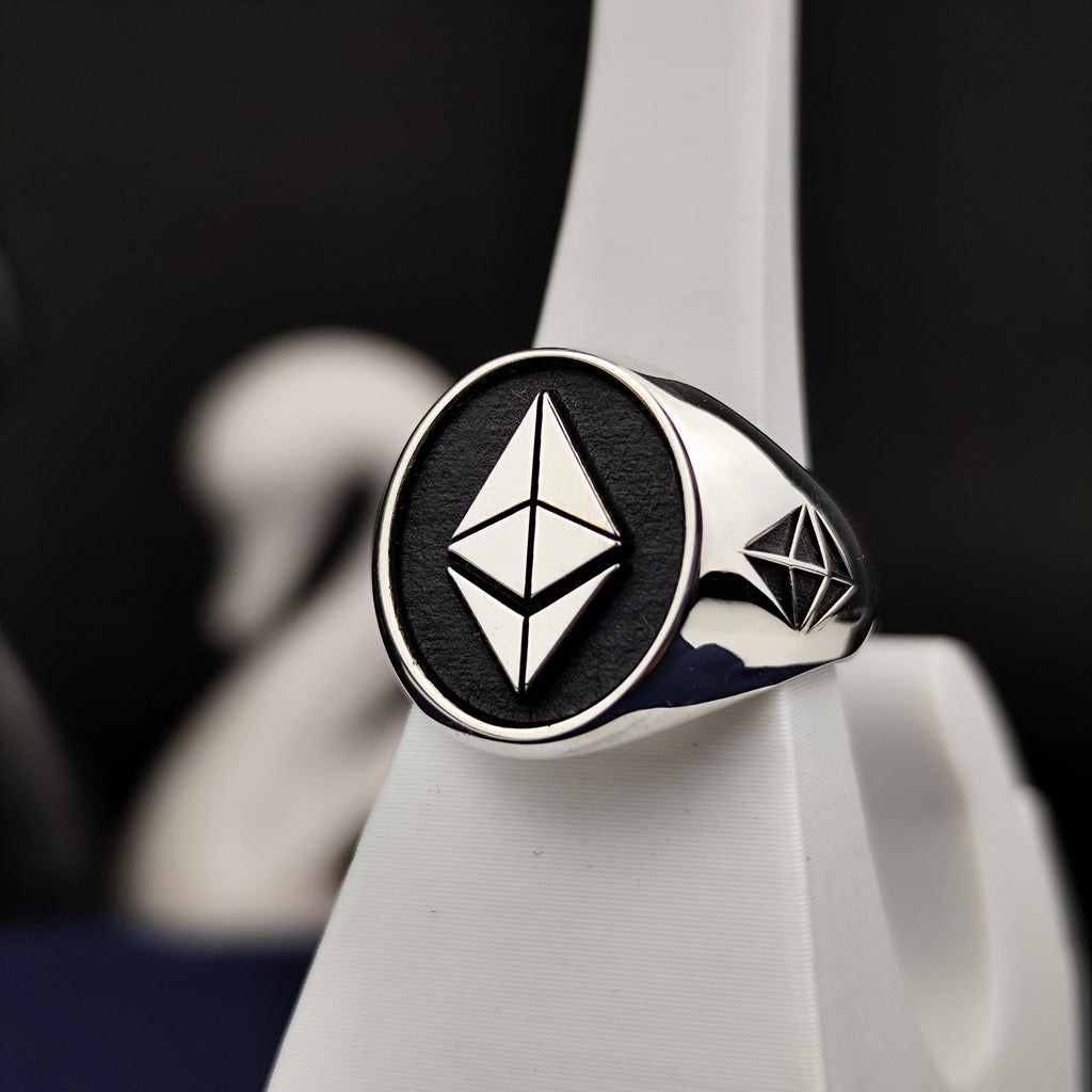 Ethereum Signet Ring for Men, Oxidized Sterling Silver Crypto Jewelry Gift