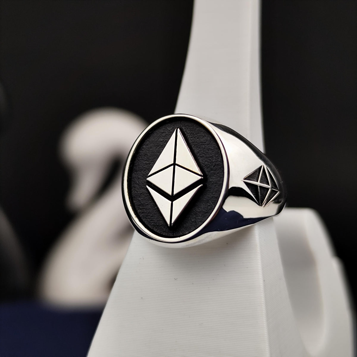 Ethereum Signet Ring for Men, Oxidized Sterling Silver Crypto Jewelry Gift