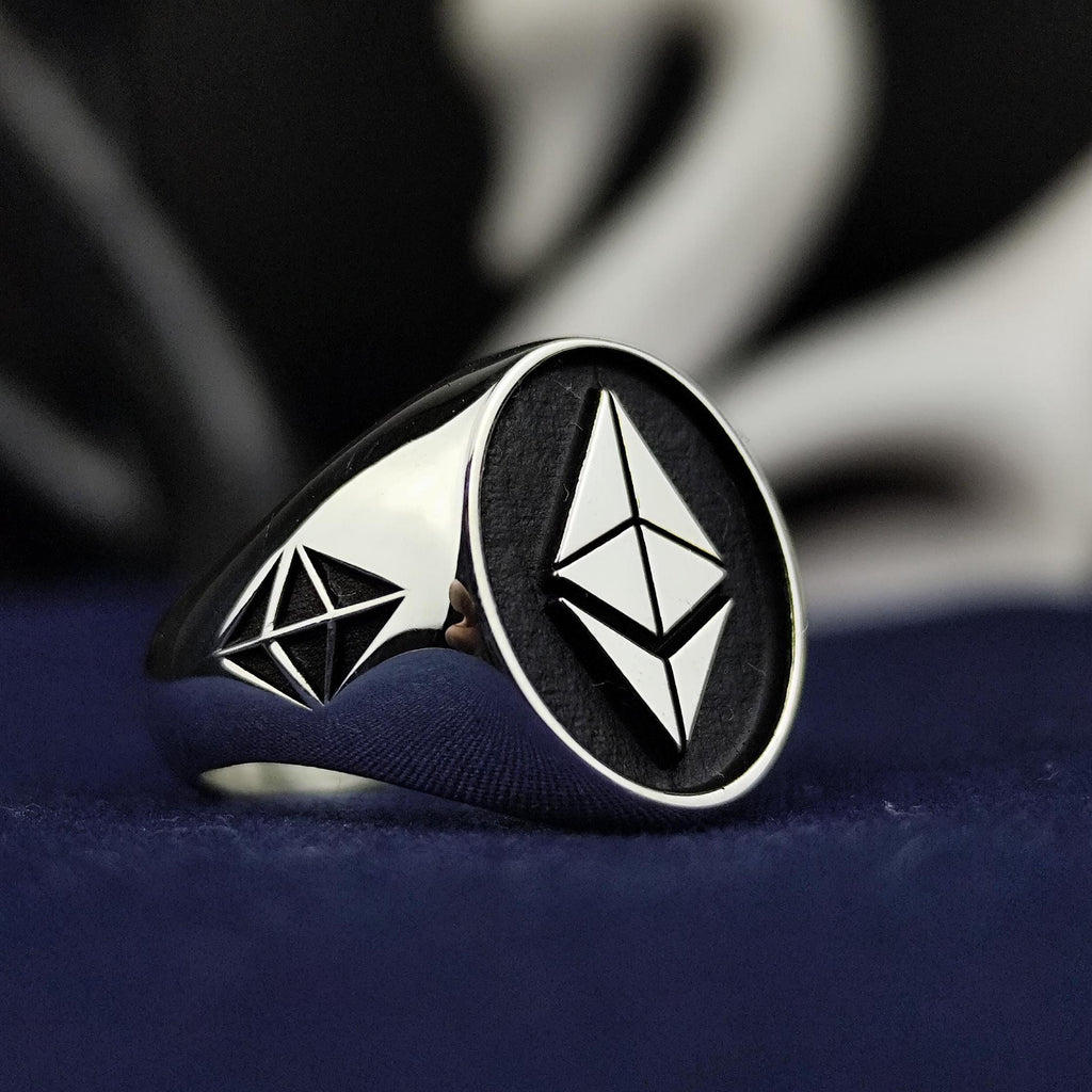 Ethereum Signet Ring for Men, Oxidized Sterling Silver Crypto Jewelry Gift