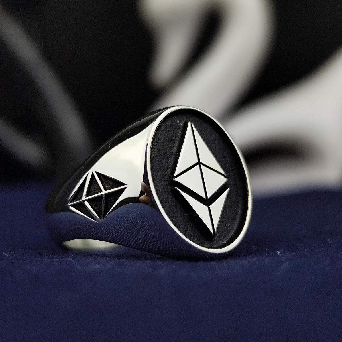 Ethereum Signet Ring for Men, Oxidized Sterling Silver Crypto Jewelry Gift