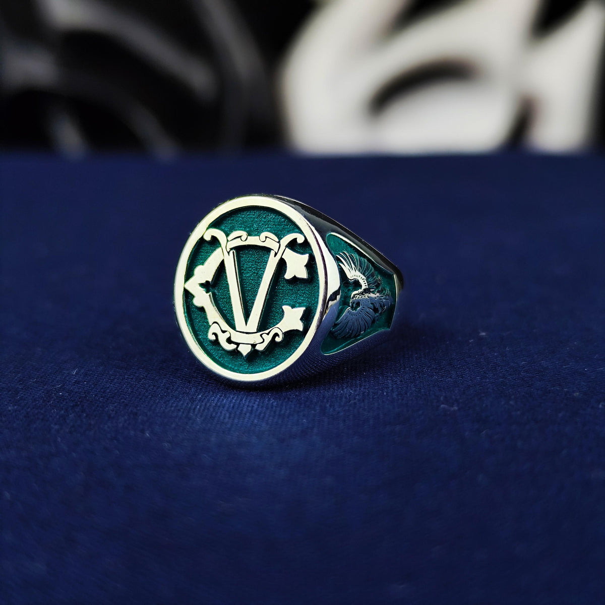 Initial Signet Ring Personalized Letter Ring Green Enamel Gold or Silver Gift