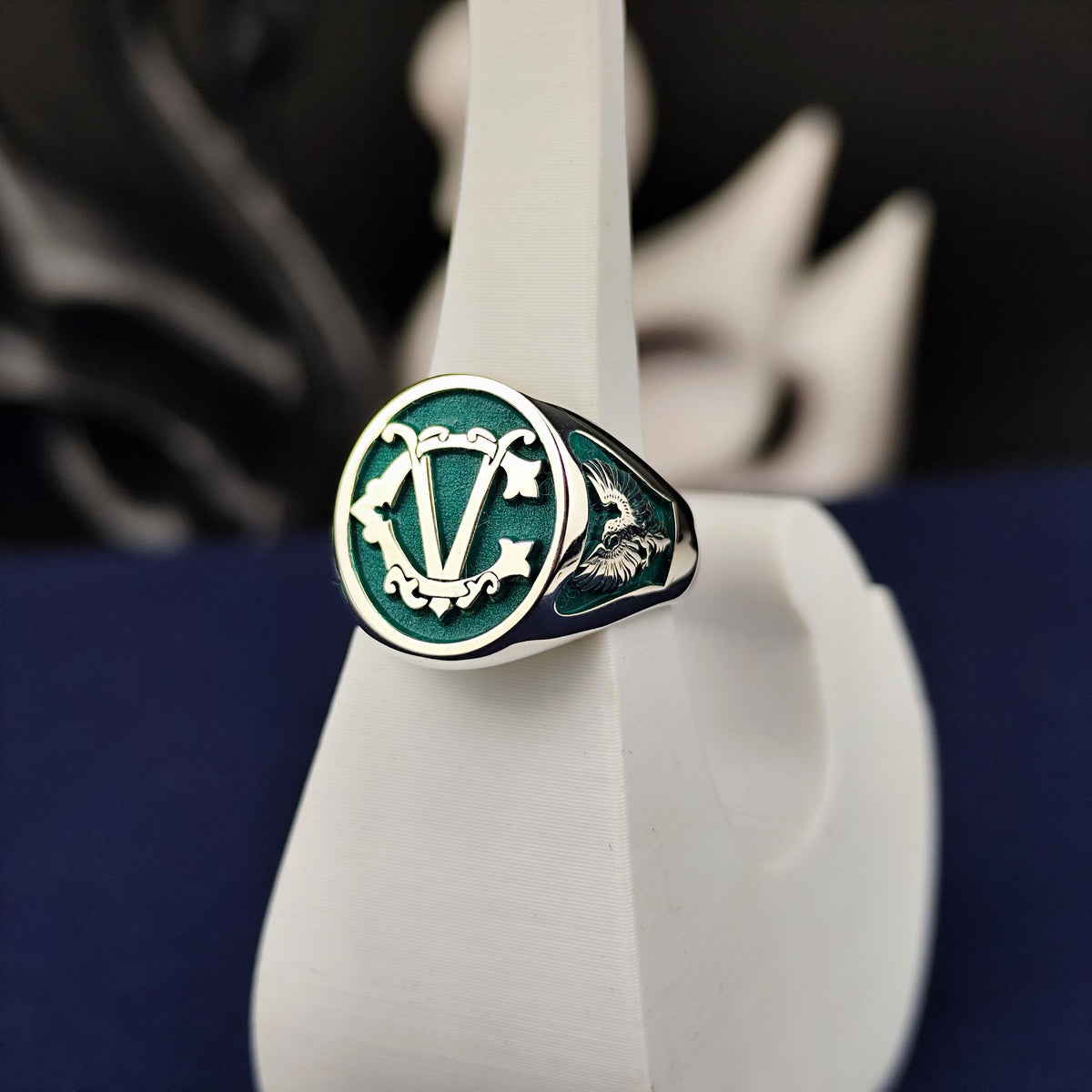 Initial Signet Ring Personalized Letter Ring Green Enamel Gold or Silver Gift