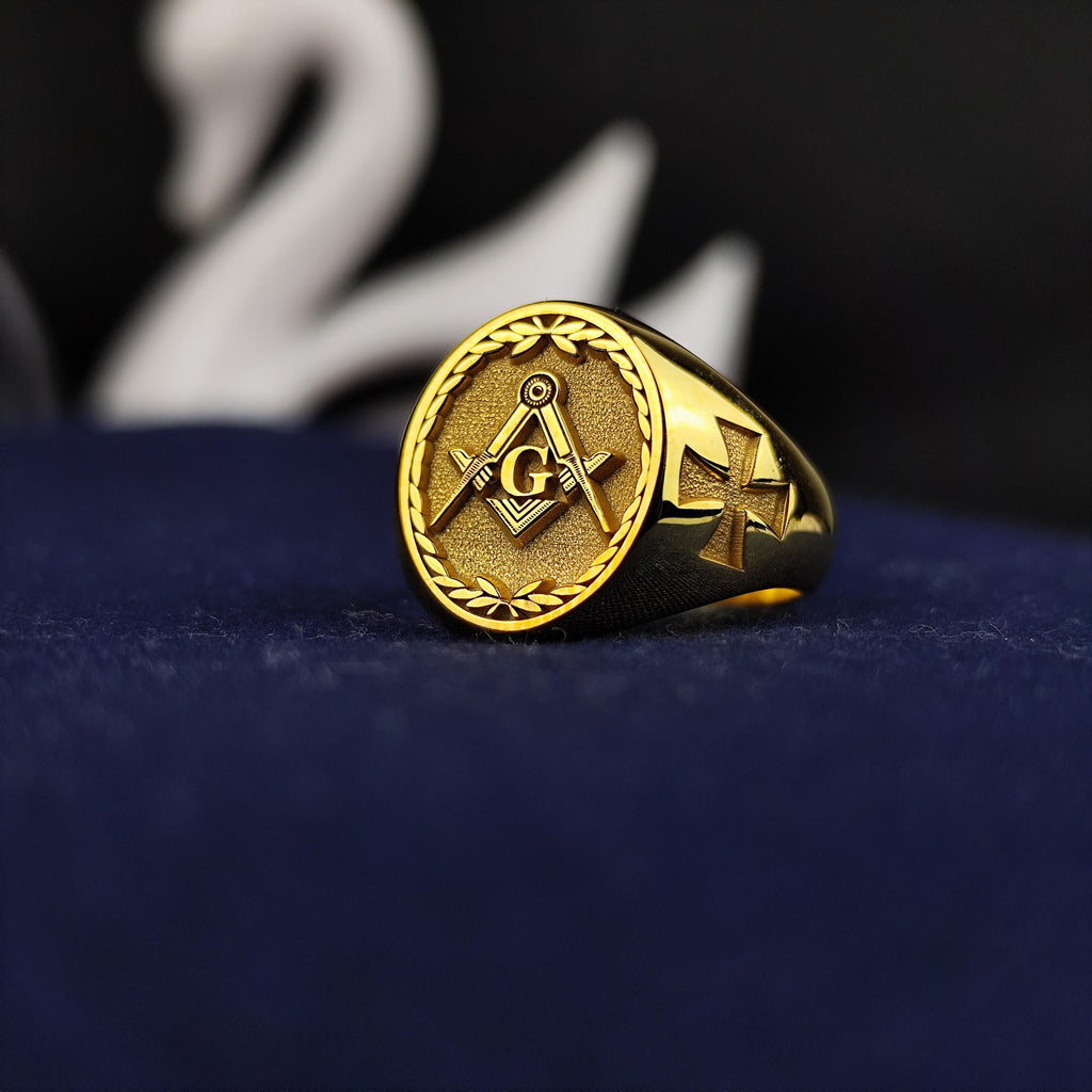 Gold Plated Masonic Ring – Classic Square & Compass Signet for Freemason Men – Symbolic Gold Jewelry