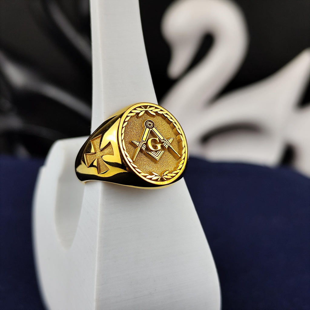 Gold Plated Masonic Ring – Classic Square & Compass Signet for Freemason Men – Symbolic Gold Jewelry