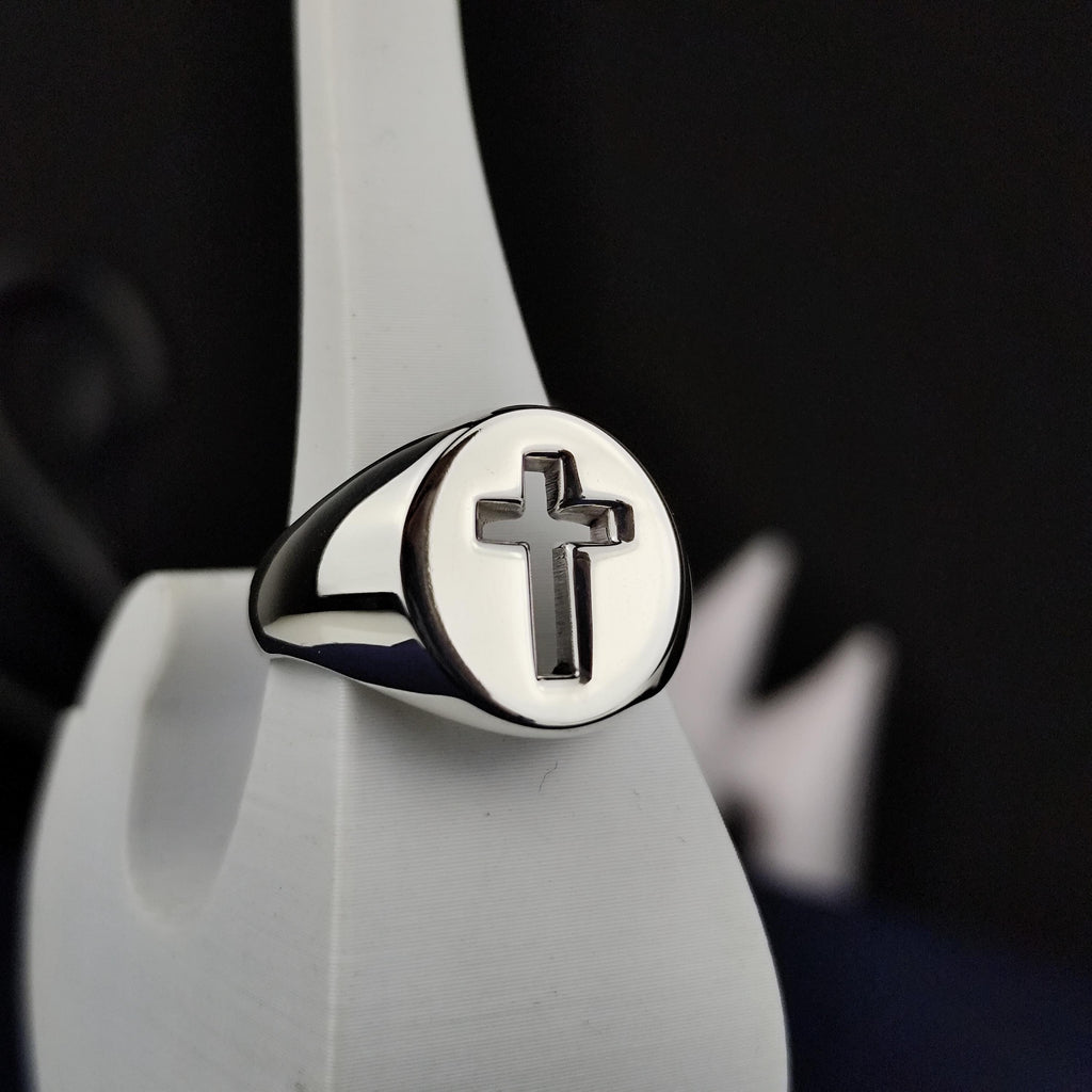 Cross Signet Ring for Men, Sterling Silver Christian Faith Jewelry Gift