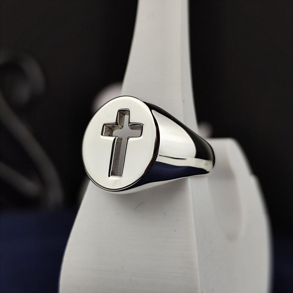 Cross Signet Ring for Men, Sterling Silver Christian Faith Jewelry Gift