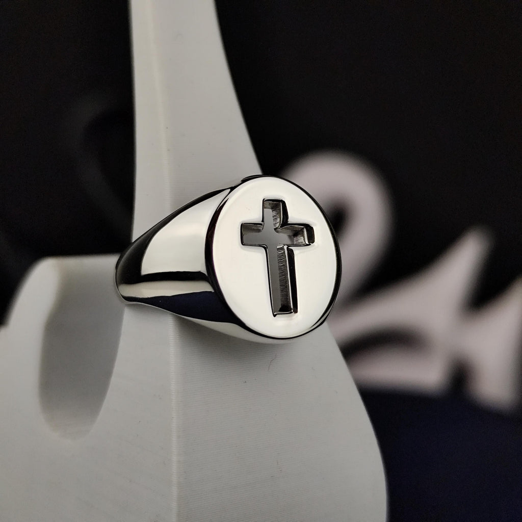 Cross Signet Ring for Men, Sterling Silver Christian Faith Jewelry Gift