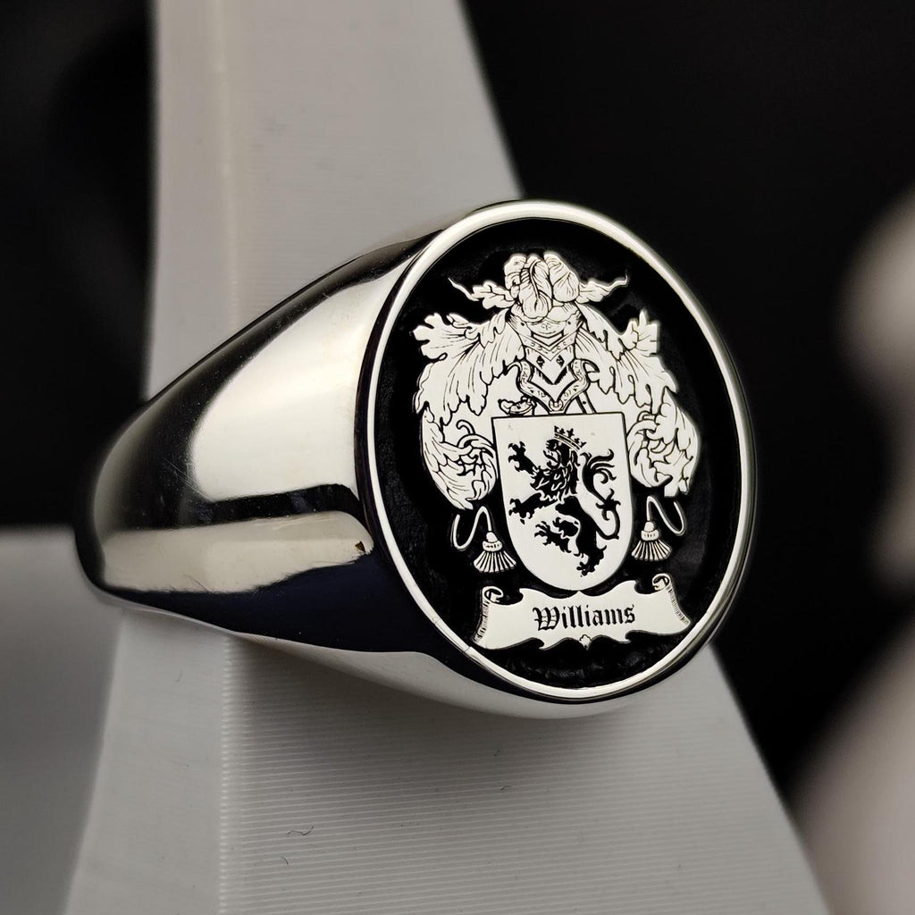 Custom Family Crest Ring, Black Enamel Coat of Arms Signet, Heirloom Gift