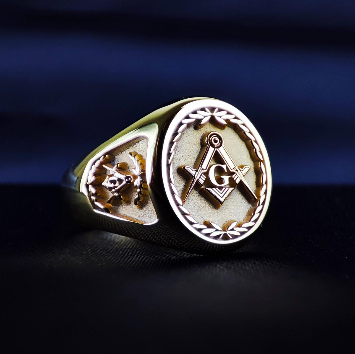 Gold Plated Masonic Signet Ring, Freemason Square and Compass Ring for Men