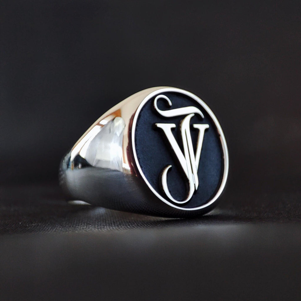 Men's Large Signet Ring with Custom Initials, Sterling Silver Pinky Ring