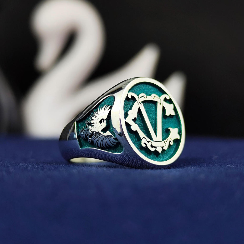 Initial Signet Ring Personalized Letter Ring Green Enamel Gold or Silver Gift