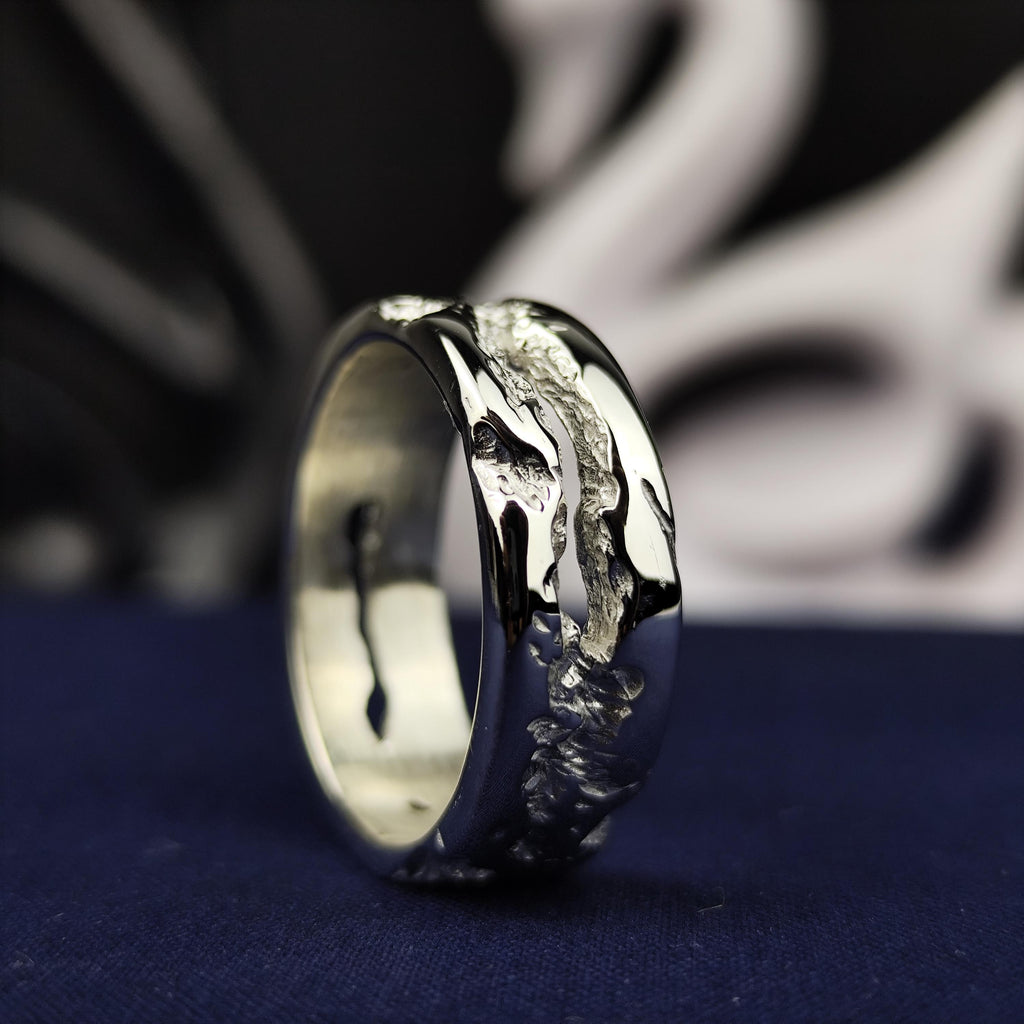Men's Sterling Silver Ring, Rustic Textured Band with Polished Edges
