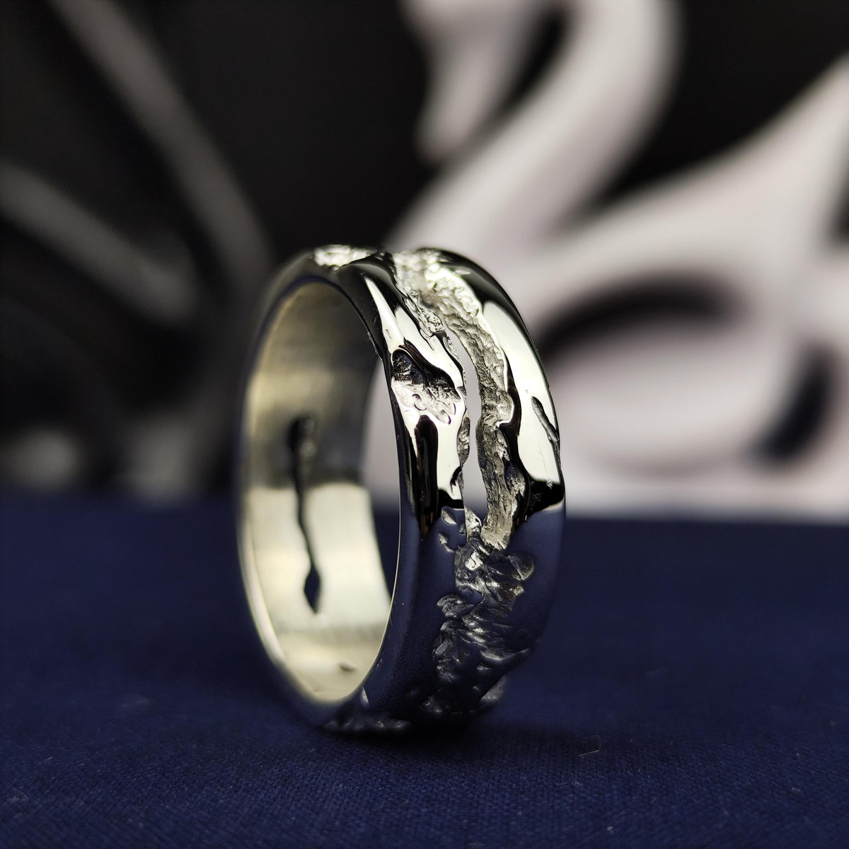 Men's Sterling Silver Ring, Rustic Textured Band with Polished Edges