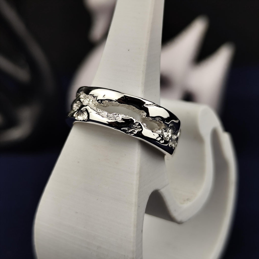 Organic Silver Ring, Raw Textured Unisex Wedding Band in Gold