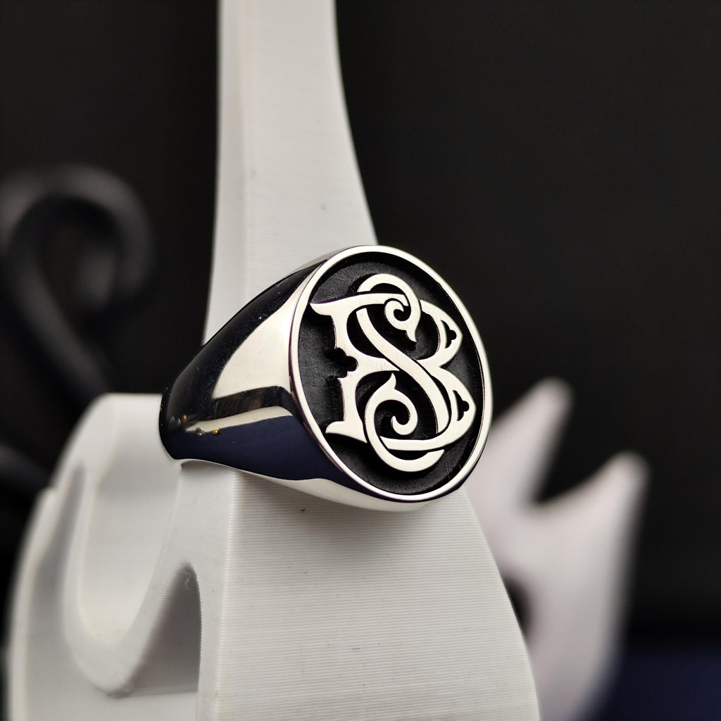 Personalized Two Initial Signet Ring, Custom Oval Monogram in Sterling Silver, Gift for Boyfriend