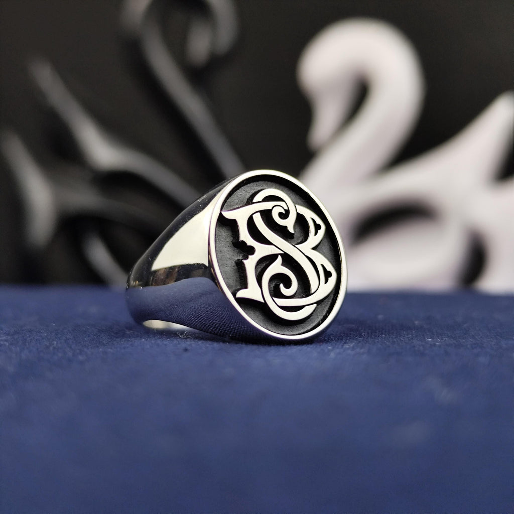 Personalized Two Initial Signet Ring, Custom Oval Monogram in Sterling Silver, Gift for Boyfriend