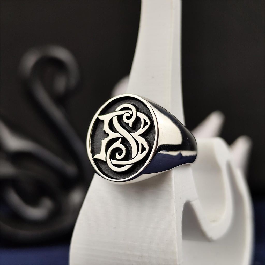 Personalized Two Initial Signet Ring, Custom Oval Monogram in Sterling Silver, Gift for Boyfriend